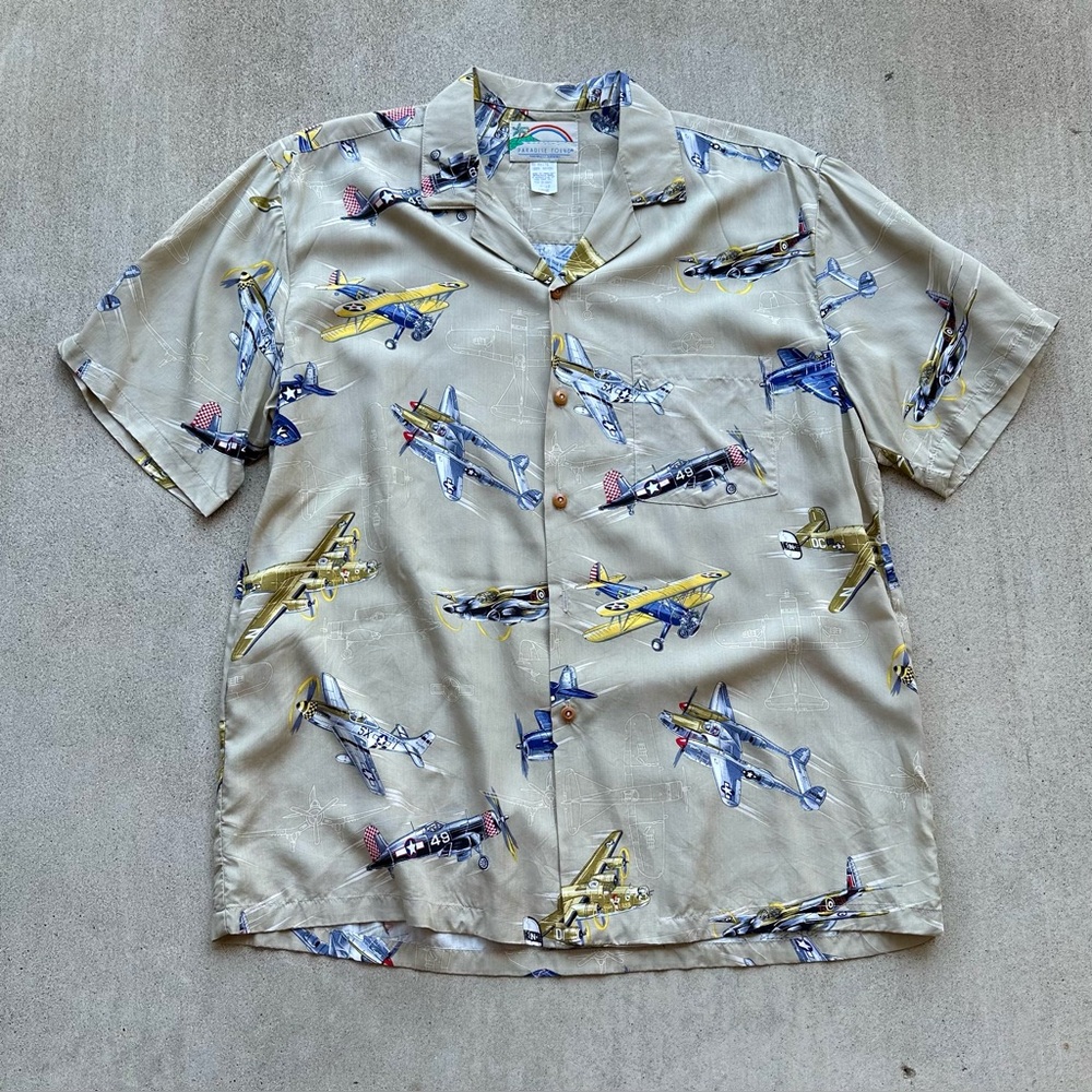 Vintage Paradise Found Hawaiian Shirt Airplane Military 100% Rayon Large USA